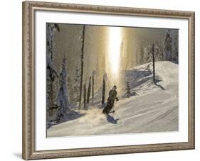 Skiing Through a Sundog on Corduroy Groomed Runs at Whitefish Mountain Resort, Montana, Usa-Chuck Haney-Framed Photographic Print