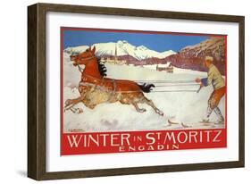Skiing with Horse, Switzerland, 1907-null-Framed Giclee Print