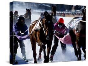 Skijouring, Skiing Behind a Race Horse at Full Gallop, on the Frozen Lake at St,Moritz, Switzerland-John Warburton-lee-Stretched Canvas