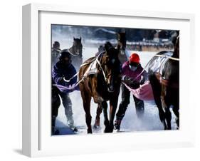 Skijouring, Skiing Behind a Race Horse at Full Gallop, on the Frozen Lake at St,Moritz, Switzerland-John Warburton-lee-Framed Photographic Print