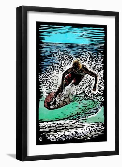 Skimboarder - Scratchboard-Lantern Press-Framed Art Print