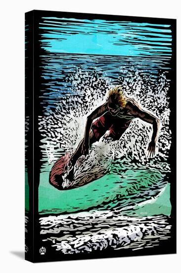 Skimboarder - Scratchboard-Lantern Press-Stretched Canvas