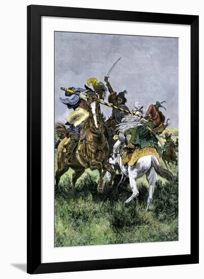 Skirmish Between Russian and Swedish Cavalry at the Battle of Poltava, c.1709-null-Framed Giclee Print