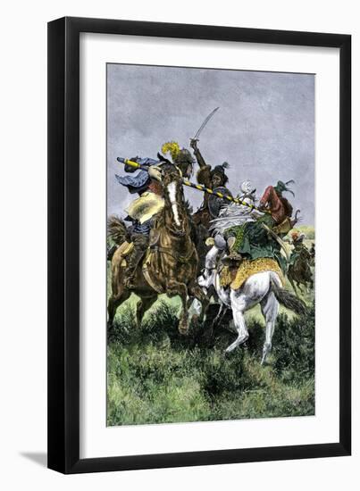 Skirmish Between Russian and Swedish Cavalry at the Battle of Poltava, c.1709-null-Framed Giclee Print
