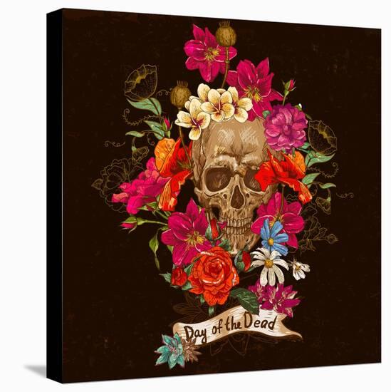 Skull and Flowers Day of the Dead-depiano-Stretched Canvas