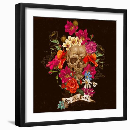 Skull and Flowers Day of the Dead-depiano-Framed Art Print