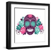 Skull And Roses, Colorful Day Of The Dead Card-Alisa Foytik-Framed Art Print