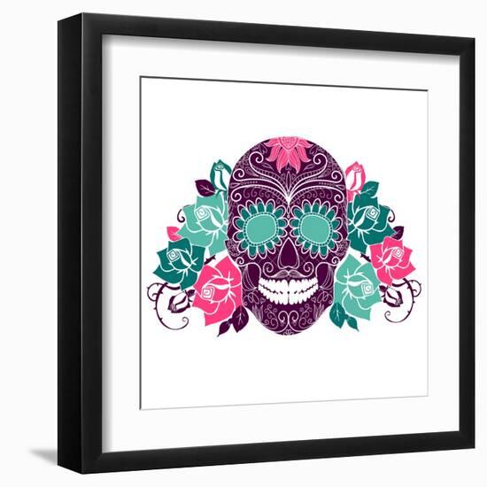 Skull And Roses, Colorful Day Of The Dead Card-Alisa Foytik-Framed Art Print