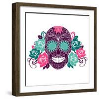 Skull And Roses, Colorful Day Of The Dead Card-Alisa Foytik-Framed Art Print