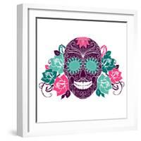 Skull And Roses, Colorful Day Of The Dead Card-Alisa Foytik-Framed Art Print