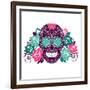 Skull And Roses, Colorful Day Of The Dead Card-Alisa Foytik-Framed Art Print