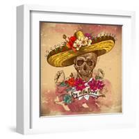 Skull in Sombrero with Flowers Day of the Dead-depiano-Framed Art Print