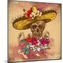 Skull in Sombrero with Flowers Day of the Dead-depiano-Mounted Art Print