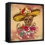 Skull in Sombrero with Flowers Day of the Dead-depiano-Framed Stretched Canvas