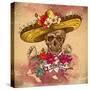 Skull in Sombrero with Flowers Day of the Dead-depiano-Stretched Canvas