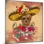 Skull in Sombrero with Flowers Day of the Dead-depiano-Mounted Art Print