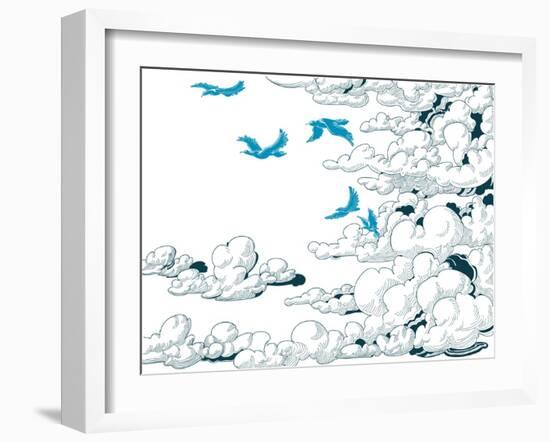 Sky Background, Clouds and Blue Birds Flying, Doodle Vector-Danussa-Framed Art Print