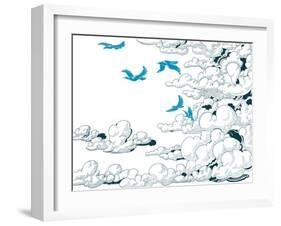 Sky Background, Clouds and Blue Birds Flying, Doodle Vector-Danussa-Framed Art Print