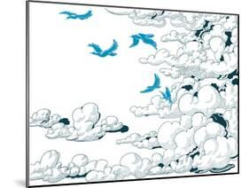 Sky Background, Clouds and Blue Birds Flying, Doodle Vector-Danussa-Mounted Art Print