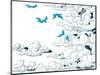 Sky Background, Clouds and Blue Birds Flying, Doodle Vector-Danussa-Mounted Art Print