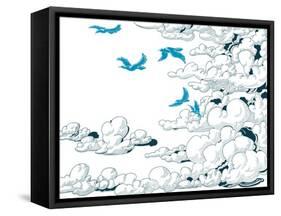 Sky Background, Clouds and Blue Birds Flying, Doodle Vector-Danussa-Framed Stretched Canvas