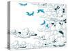 Sky Background, Clouds and Blue Birds Flying, Doodle Vector-Danussa-Stretched Canvas