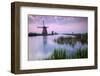 Sky is tinged with purple at dawn on the windmills reflected in the canal Kinderdijk Rotterdam Sout-ClickAlps-Framed Photographic Print