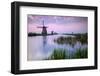 Sky is tinged with purple at dawn on the windmills reflected in the canal Kinderdijk Rotterdam Sout-ClickAlps-Framed Photographic Print