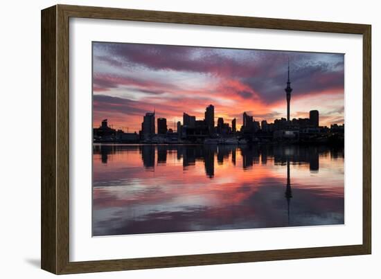 Sky Tower and City at Dawn from Westhaven Marina, Auckland, North Island, New Zealand, Pacific-Stuart-Framed Photographic Print