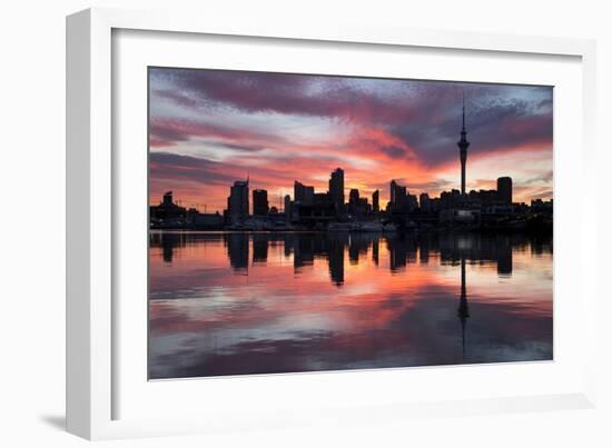 Sky Tower and City at Dawn from Westhaven Marina, Auckland, North Island, New Zealand, Pacific-Stuart-Framed Photographic Print