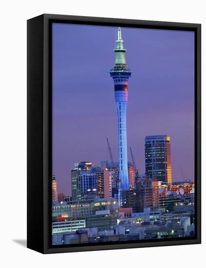 Sky Tower and City Skyline at Dusk, Auckland, North Island, New Zealand, Pacific-Jeremy Bright-Framed Stretched Canvas