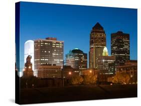 Skyline Along Des Moines River, Des Moines, Iowa-Walter Bibikow-Stretched Canvas