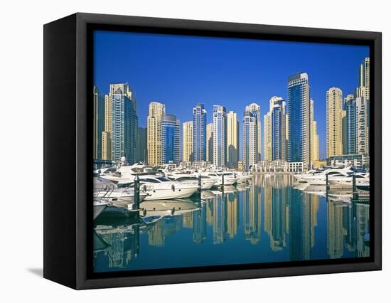 Skyline and boats on Dubai Marina-Murat Taner-Framed Stretched Canvas