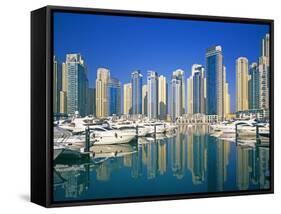 Skyline and boats on Dubai Marina-Murat Taner-Framed Stretched Canvas