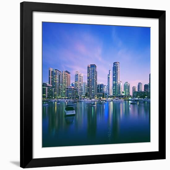 Skyline and boats on Dubai Marina-Murat Taner-Framed Photographic Print