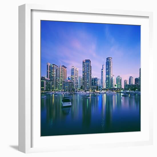 Skyline and boats on Dubai Marina-Murat Taner-Framed Photographic Print