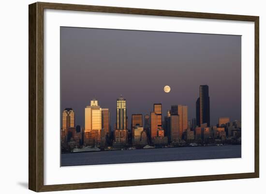 Skyline and Elliott Bay with Full Moon Rising, Seattle, Washington, USA-Jamie & Judy Wild-Framed Photographic Print