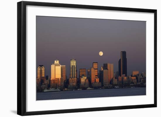 Skyline and Elliott Bay with Full Moon Rising, Seattle, Washington, USA-Jamie & Judy Wild-Framed Photographic Print