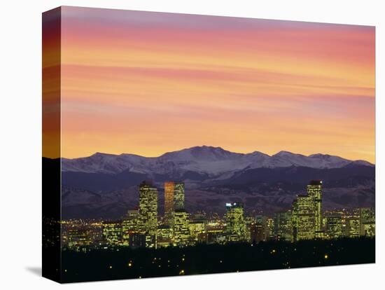 Skyline and Mountains at Dusk, Denver, Colorado, USA-null-Stretched Canvas