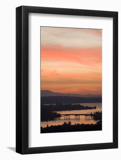 Skyline and Olympic Mountains, Sunset, Lake Washington, Seattle, Washington, USA-Merrill Images-Framed Photographic Print