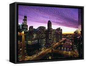 Skyline and River Looking West at Sunset, Chicago, Illinois, USA-Alan Klehr-Framed Stretched Canvas