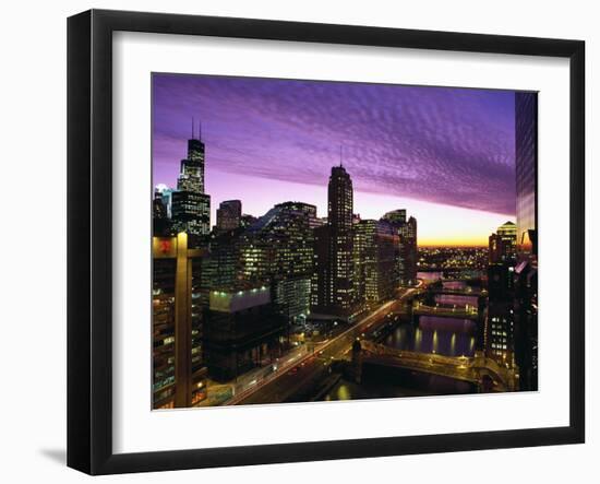 Skyline and River Looking West at Sunset, Chicago, Illinois, USA-Alan Klehr-Framed Photographic Print