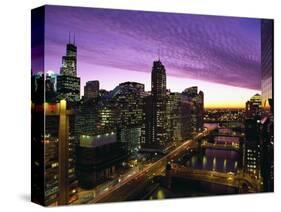 Skyline and River Looking West at Sunset, Chicago, Illinois, USA-Alan Klehr-Stretched Canvas