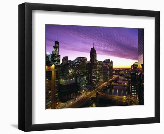 Skyline and River Looking West at Sunset, Chicago, Illinois, USA-Alan Klehr-Framed Photographic Print