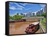 Skyline and Tug Boats on River, Singapore-Bill Bachmann-Framed Stretched Canvas