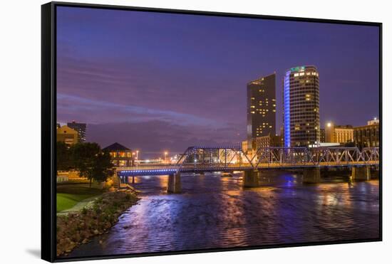 Skyline at dusk, Grand Rapids, Michigan, USA-Randa Bishop-Framed Stretched Canvas