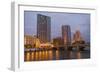 Skyline at dusk, on the Grand River, Grand Rapids, Michigan. USA.-Randa Bishop-Framed Photographic Print