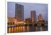 Skyline at dusk, on the Grand River, Grand Rapids, Michigan. USA.-Randa Bishop-Framed Photographic Print