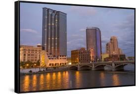 Skyline at dusk, on the Grand River, Grand Rapids, Michigan. USA.-Randa Bishop-Framed Stretched Canvas