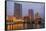 Skyline at dusk, on the Grand River, Grand Rapids, Michigan. USA.-Randa Bishop-Framed Stretched Canvas